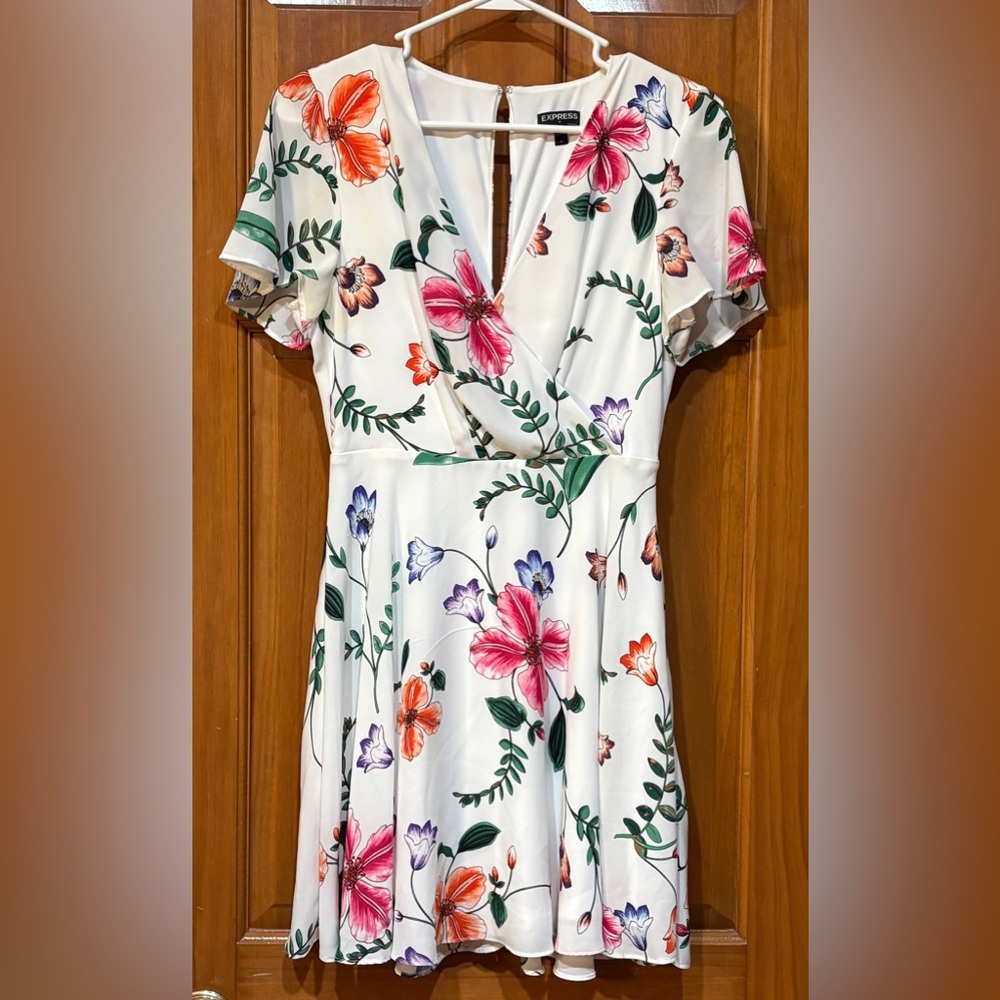 Express White Floral Midi Dress with Pink, Orange, Purple & Green Accents